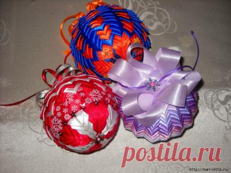 Елочные игрушки из атласных лент в технике АРТИШОК