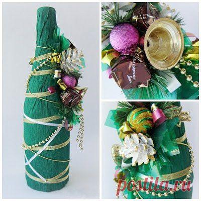 Украшение бутылки шампанского для подарка на Новый год