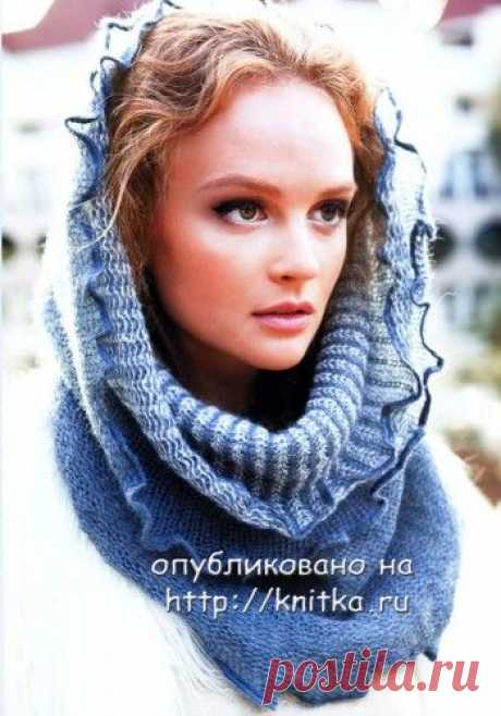 Шапочка- труба (снуд). Вам потребуется: 100 г мохеровой пряжи серого цвета (80′% кид мохер, 20% полиамид, 25гх250м), 50 г мохеровой пряжи белого цвета (80 % супер кид мохер, 20% полиамид, 25rx250м); катушечная нить серого цвета; круговые спицы № 5.