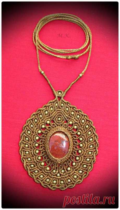 (11) Adjustable Macrame Necklace with Red Jasper semi-precious stone and bronze beads. | Макраме | Ожерелья, Бронза и Макраме Ожерелье