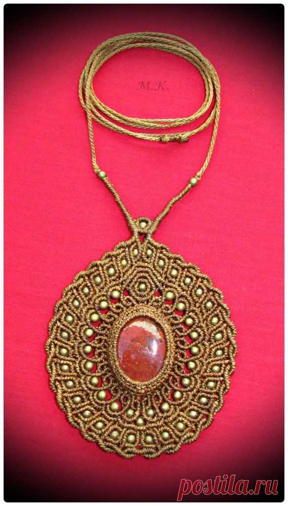 (11) Adjustable Macrame Necklace with Red Jasper semi-precious stone and bronze beads. | Макраме | Ожерелья, Бронза и Макраме Ожерелье
