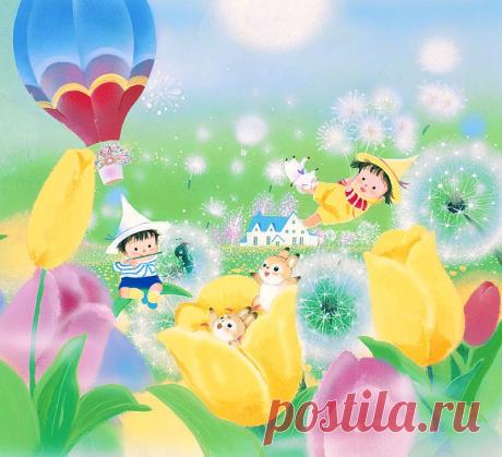 В животного иллюстрации тюльпан поля, дети, играющие с одуванчиком