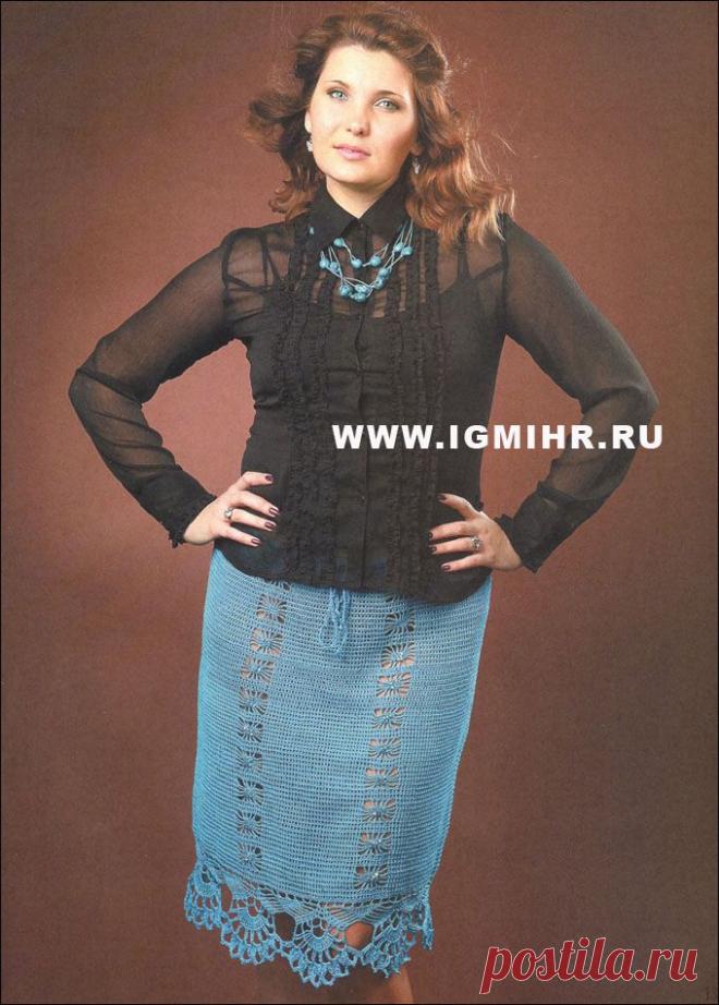 Бирюзовая юбка с каймой, связанная по кругу сверху вниз. Крючок