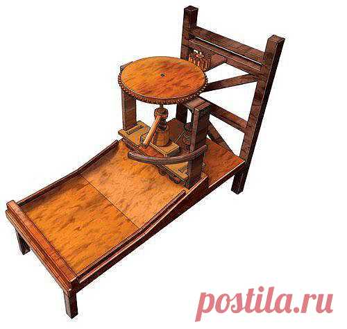 Печатная машина Леонардо Да Винчи.наглядно демонстрирует нам вклад гениального Леонардо да Винчи в развитие печатного дела. Он изобрел пресс, который при помощи сложной системы приводов и канатов автоматически возвращался в печатающую позицию. При этом носитель шрифта передвигался на колесах. Вся операция выполнялась вручную и требовала огромных затрат, времени и энергии.