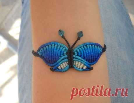 Macrame bracelet blue butterfly/handmade micromacrame
