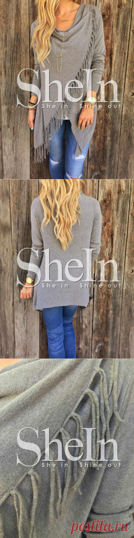 Grey Long Sleeve Tassel Sweater -SheIn(Sheinside)