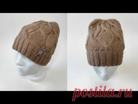 Женская шапка с косами и отворотом / вяжем спицами