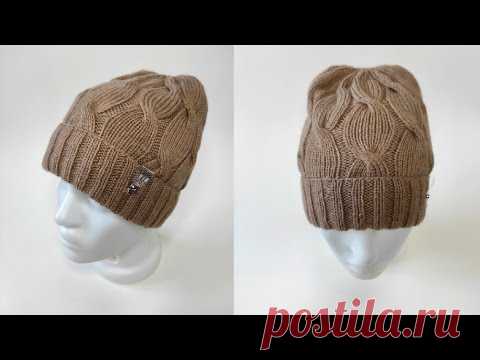 Женская шапка с косами и отворотом / вяжем спицами