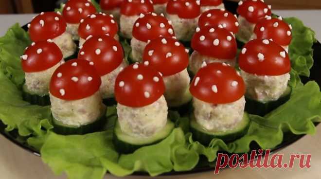 Прекрасная закуска для праздничного стола. «Мухоморчики» на полянке