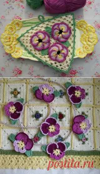 Вязание крючком анютины глазки,вышивка.