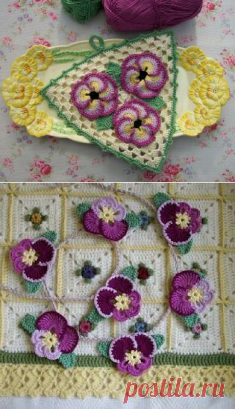 Вязание крючком анютины глазки,вышивка.