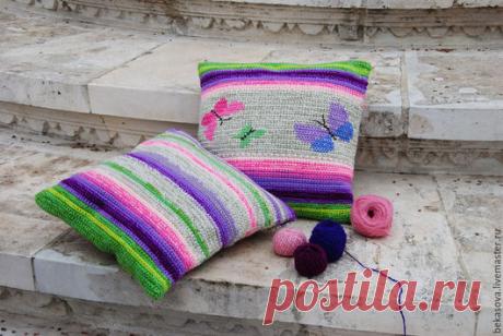 Купить Подушечки "Бабочки" - вязаный крючком, русский стиль, текстиль для дома, бабушкин коврик, пестрый