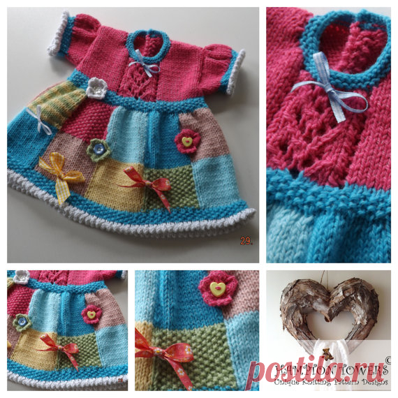 BABY GIFT Knitting Pattern Knit for Baby shower PDF Knitted Baby Dress using yarn oddments patchwork Pattern written in UK English language.   Patchwork Judy C02 Baby Dress Knitting Pattern. This pattern was designed to use up oddments of yarn. The skirt is knitted in faux patchwork with a picot edging hem. The design uses 7 different colours although this could be altered to suit. Instructions come to knit in sizes 14 chest which fits premature/Newborn babies, 16 chest wh...