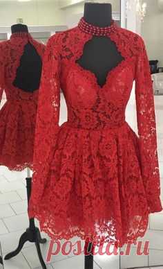 elegant red lace short homecoming dresses, long sleevs semi formal dresses, modest open back short prom party dress
