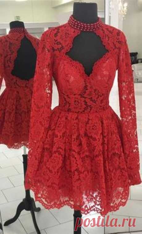 elegant red lace short homecoming dresses, long sleevs semi formal dresses, modest open back short prom party dress