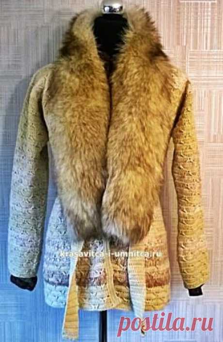 Кофточка с меховым воротником, связанная крючком