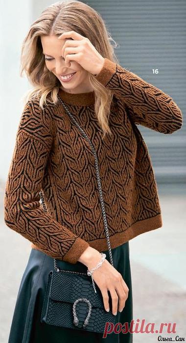 Пуловер с узором который выполняются с подвернутыми петлями, т. е. накидами, которые провязываются вместе со снятой петлей из предыдущего ряда.