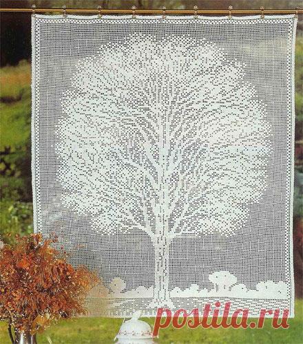 Филейная занавеска «Дерево в окне» Схема вязания крючком филейной занавески  «Дерево в окне»