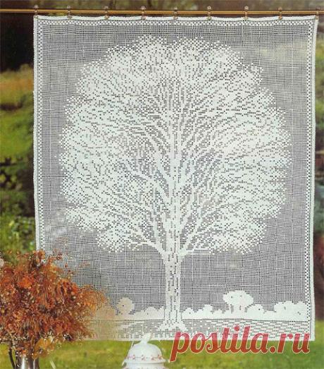 Филейная занавеска «Дерево в окне» Схема вязания крючком филейной занавески  «Дерево в окне»