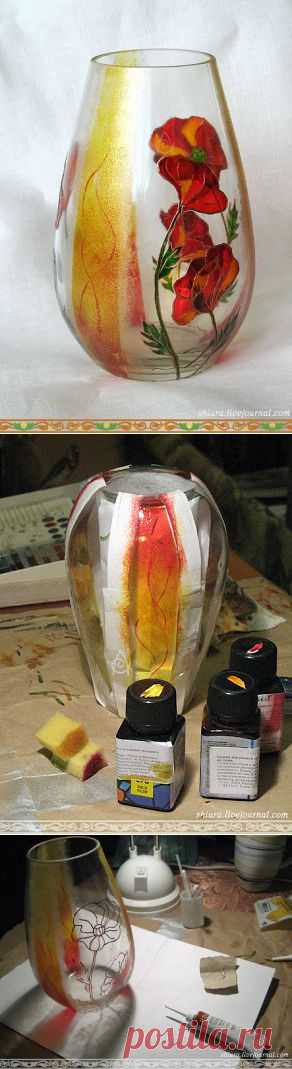 Роспись по стеклу. Ваза "МАКИ".