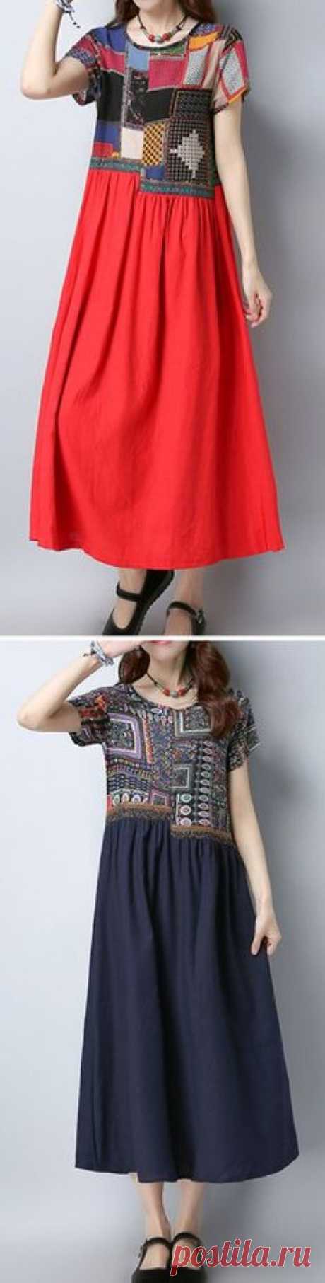 US$ 21.19 Women Ethnic Patchwork Short Sleeve Mid-Long Vintage Dresses