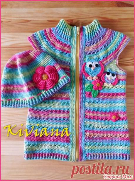 Комплект из жилетки и шапочки &quot;Радужные совушки&quot; крючком. - Вязание - Страна Мам