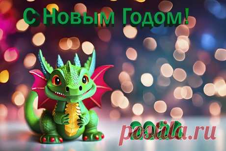 Открытка &quot; С Новым годом&quot; с символом года, зелёным деревянным драконом, создал ИИ я отредактировал и добавил надпись. Можете скачать и распечатать, что бы поздравить ваших близких.