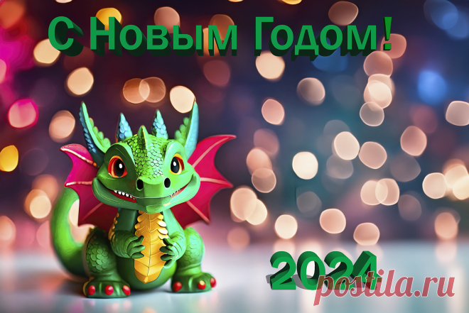 Открытка " С Новым годом" с символом года, зелёным деревянным драконом, создал ИИ я отредактировал и добавил надпись. Можете скачать и распечатать, что бы поздравить ваших близких.