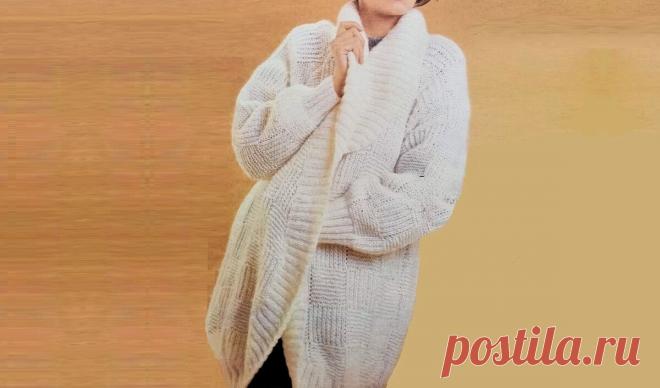 Белый уютный жакет, связанный спицами простым узором (описание) | Идеи рукоделия | Яндекс Дзен