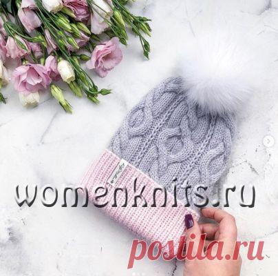 Женская шапка спицами с отворотом