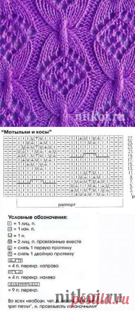 Узор спицами «Мотыльки и косы» » Ниткой - вязаные вещи для вашего дома, вязание крючком, вязание спицами, схемы вязания