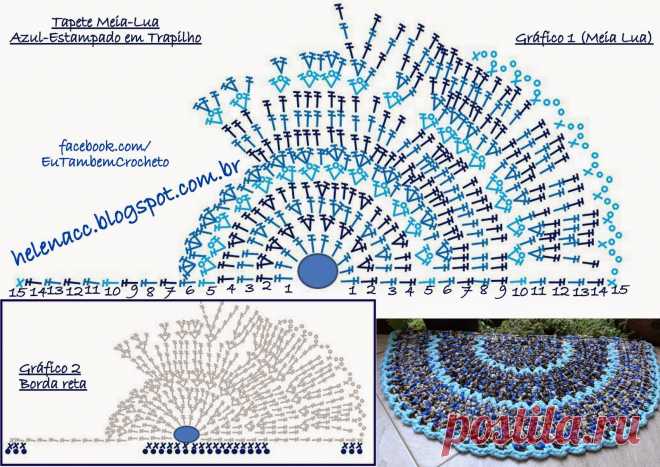 EU TAMBÉM CROCHETO...: Tapete Meia-Lua e Cesto Azul-Estampados em Trapilho