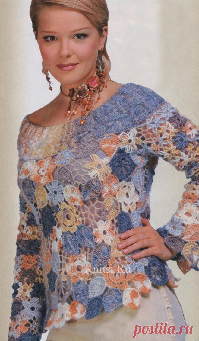 Пуловер из мохера - ирландское кружево крючком и спицами