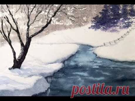 Зима Акварелью с интересной техникой! Winter Riverbank in watercolour