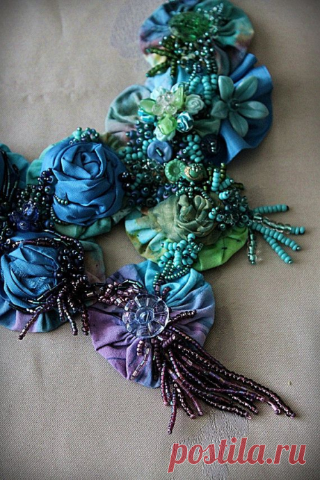 LOVE IS BLUE Beaded Textile Statement Necklace Wearable Art