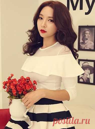 款荷叶边简约锁边不规则下摆露肩网纱露背衬衣-淘宝网