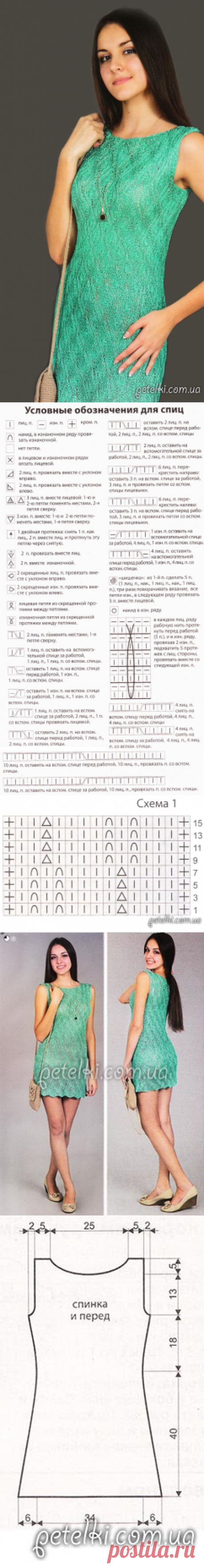 Зеленое мини- платье спицами.