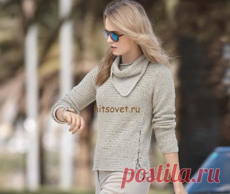 Пуловер женский с косынкой - Хитсовет Пуловер женский с косынкой. Модный пуловер 2016 для женщин в деловом стиле с завязками и косынкой. Вам потребуется 450 (500, 550) грамм пряжи цвета льна, состоящей из 100% хлопка; длиной нити 165 метров в 50 граммах. Спицы № 3,5; круговые спицы № 3,5 длиной 40 см; крючок № 3,5; 4 темно-коричневые деревянные бусины диаметром по около 9 мм; клей для текстиля.