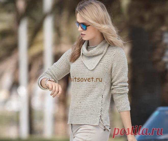 Пуловер женский с косынкой - Хитсовет Пуловер женский с косынкой. Модный пуловер 2016 для женщин в деловом стиле с завязками и косынкой. Вам потребуется 450 (500, 550) грамм пряжи цвета льна, состоящей из 100% хлопка; длиной нити 165 метров в 50 граммах. Спицы № 3,5; круговые спицы № 3,5 длиной 40 см; крючок № 3,5; 4 темно-коричневые деревянные бусины диаметром по около 9 мм; клей для текстиля.