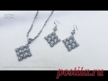 Diamond Shape Pendant Beaded Necklace & Earrings. Beads Jewelry Making. Beading Tutorials. Handmade