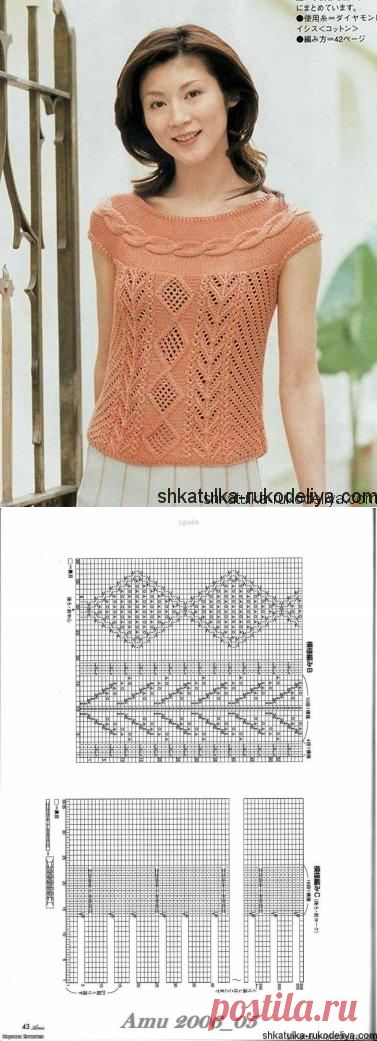 Персиковая кофточка спицами с круглой кокеткой из кос. Вязание спицами японские модели. | Шкатулка рукоделия. Сайт для рукодельниц.