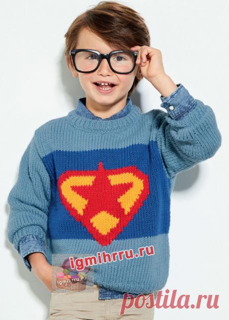 Для мальчика 2-10 лет. Пуловер с крупным жаккардовым узором в виде звезды. Вязание спицами для мальчиков со схемами и описанием