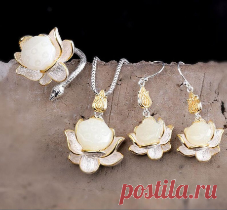 White Hetian Jade Lotus Necklace-925 Silver Inlay | Etsy