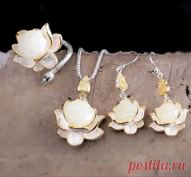 White Hetian Jade Lotus Necklace-925 Silver Inlay | Etsy