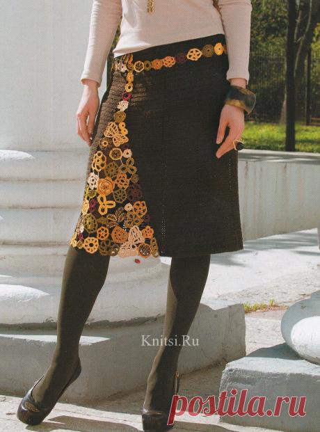 Коричневая юбка с цветочной вставкой. Вязание для женщин / Юбки / Крючком