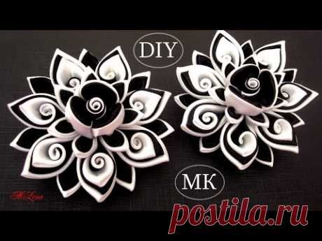 Резинки канзаши, МК / DIY Scrunchy with Kanzashi flower / Black & White Ribbon Flowers