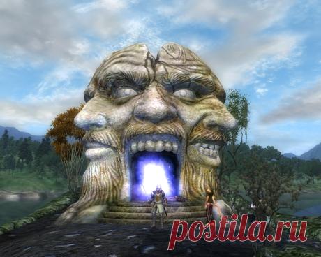 Странная дверь, представляющая собой разинутую пасть трехликой каменной головы.
A Strange Door, representing the open mouth of a three-faced stone head.