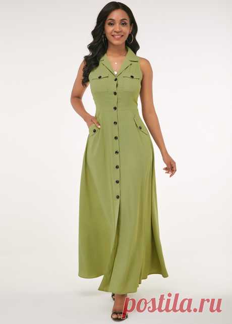 ROTITA Turndown Collar Button Up Side Pocket Maxi Dress | Rotita.com - USD $39.23