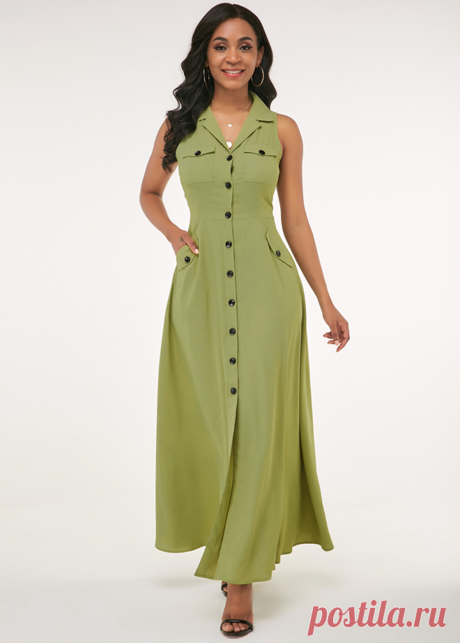 ROTITA Turndown Collar Button Up Side Pocket Maxi Dress | Rotita.com - USD $39.23