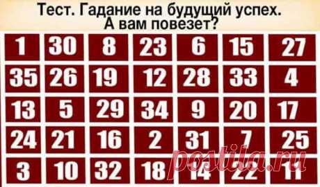 Тест. Гадание на будущий успех. А вам повезет?
Тест. Гадание на будущий успех. А вам повезет?Супер! У меня все сбылось! Просто поразительно!!!😁😁👌👌 Сегодня мы предлагаем вам узнать свое будущее с помощью этого быстрого теста. Все, что вам потребуется – сконцентрироваться, закрыть глаза, подумать о желаемом успехе и ткнуть пальцем в предложенную вам таблицу на мониторе. То число, которое вам выпало, и есть ваше […]